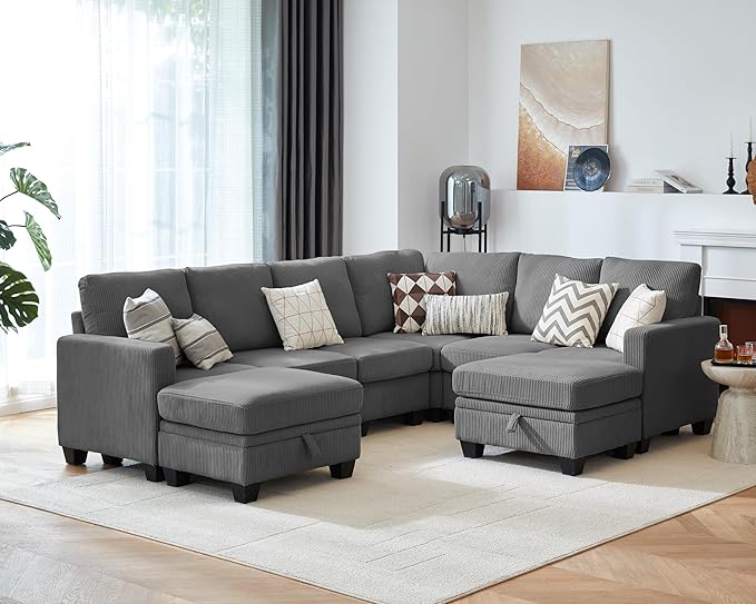 CHIC HOUSE Modular Sectional Couch| Corduroy L Shaped Sleeper Sofa U-Shape Sofa Bed Convertible Chaise with Storage Ottoman for Living Room Modern Furniture (Dark Grey 8 Seater L-Shaped)