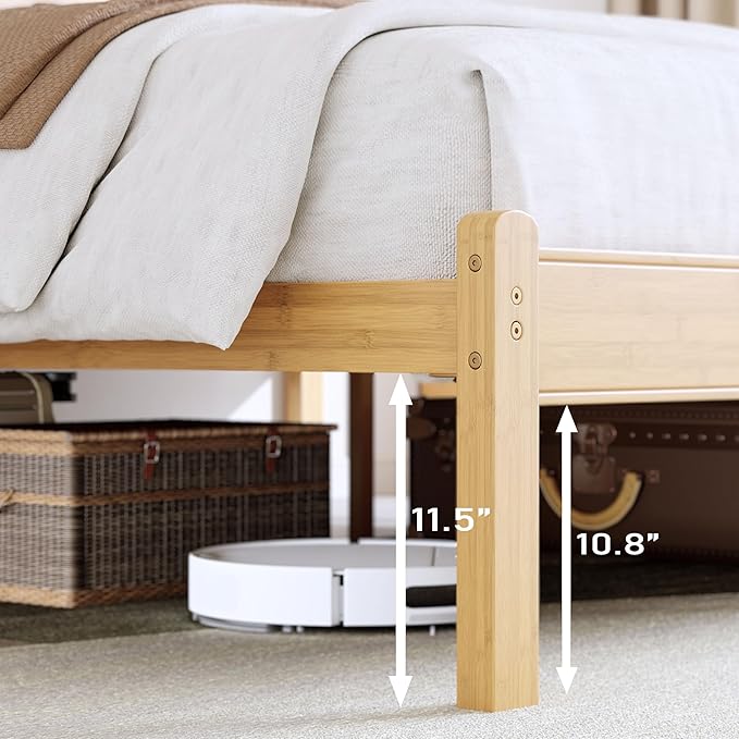14in High Solid Bamboo Wood Platform Twin Size Bed Frame with Headboard Reinforced Heavy Duty Metal Slats Noise Free No Box Spring Needed Easy Assembly