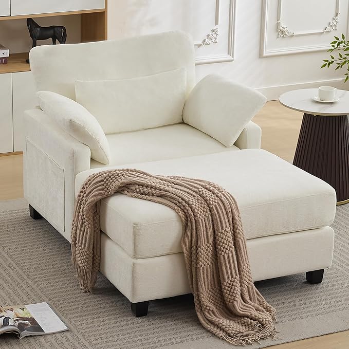 57.5 Oversized Chaise Lounge with Ottoman Indoor White Reading Chair with Ottoman &amp Sofa Bed Chenille Upholstered Comfy Sleeper Chair for Living Room Bedroom Office