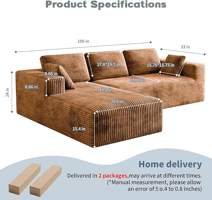 106 Corduroy Sectional Couch Boneless L Shaped Couch with Deep Seat Cloud Foam Sofa with Oversized Chaise Sectional Sofa No Assembly Needed for Living Room