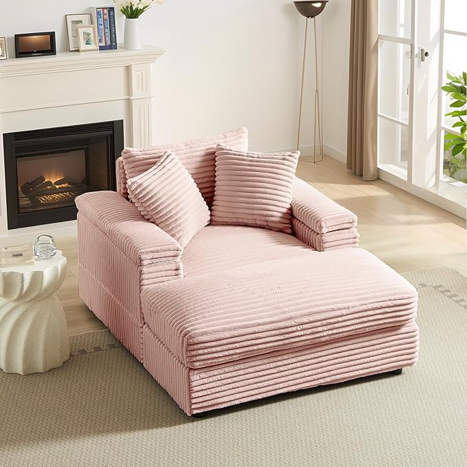 Chaise Lounge Chair Indoor 44 Inch Comfy Corduroy Sectional Cloud Couch Upholstered Single Sofa w/Movable Ottoman for Living Room Bedroom Apartment Pink
