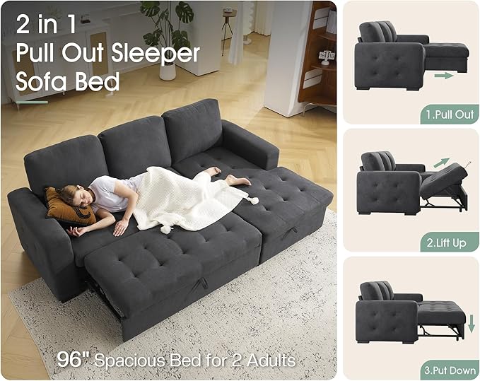 VanAcc 96 Sleeper Sofa Sofa Bed Couch with Storage Chaise Sleeper Couch with Pull Out Bed for Living Room(Grey)