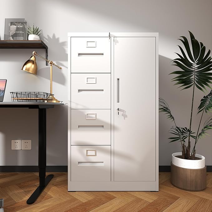 4 Drawer Small File Cabinet with Lock Under Desk Locking Storage Drawers Organizer Filing Cabinets for Home OfficeWhite