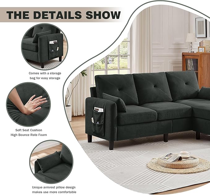 77 Convertible Sectional Sofa Couch Modern 3-Seat L-Shaped Couch with Reversible Ottoman and Storage Pocket Small Sectional Couches for Living Room Apartment and Small Spaces Black