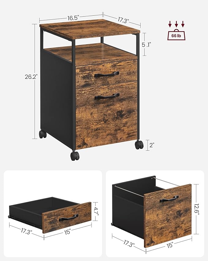 VASAGLE File Cabinet Mobile Filing Cabinet with Wheels 2 Drawers Open Shelf for A4 Letter Size Hanging File Folders Rustic Brown and Ink Black UOFC71X