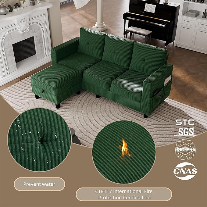JAMFLY Convertible Sectional Couches for Living Room L-Shaped Couch 3 Seat Sectional Sofa Set with Polyester Fabric and Movable Ottoman Small Couch for Apartments OfficeGreen