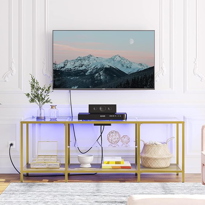 HOOBRO TV Stand with LED Lights and Power Outlets for TVs up to 65 Modern 55 Inch Tempered Glass TV Console Table with Open Shelves Media Entertainment Center for Living Room Gold GD145UDS01