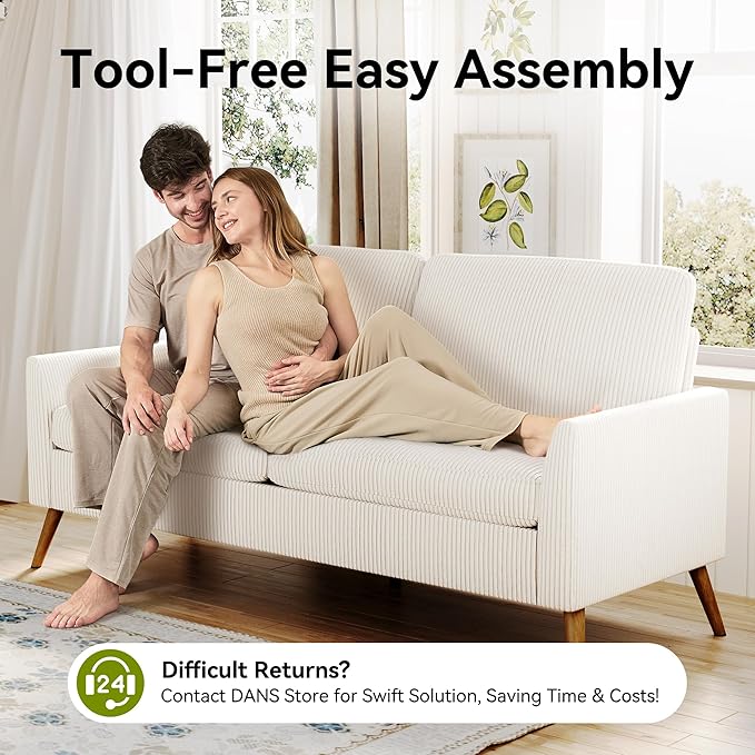 68 Loveseat Sofa Comfy White Corduroy Couches for Living Room Mid Century Modern Love Seat Sofa Tool-Free Setup Small Couches for Bedroom Office