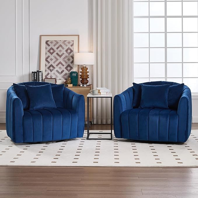 Chifee &amp Vingol 40.16 W Swivel Accent Barrel Chair Velvet Round Barrel Chair with 3 Pillows 360 Degree Swivel Armchair for Living Room Bedroom Navy