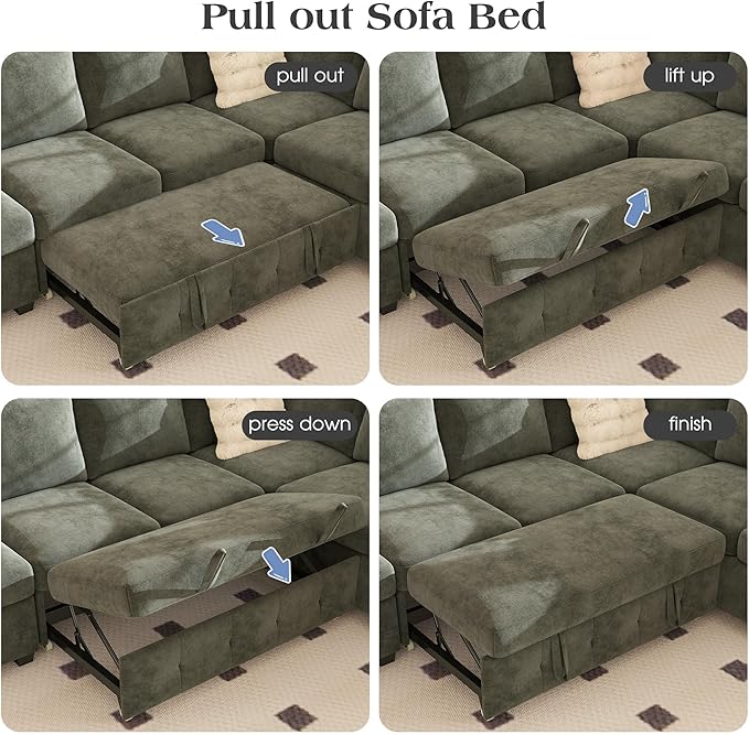 Ihanherry 106-inch Large L-Shaped Sectional Sofa Bed 7-Seater Convertible Pull Out Sleeper with Storage Ottoman 4 Pillows &amp USB Charging Ports Premium Chenille Fabric for Big Living Room（Gray）