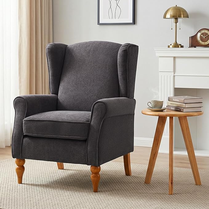 High Back Wingback Accent Chair Modern Upholstered Armchair Comfy Reading Chair with Solid Wood Legs for Living Room Bedroom Library Dark Grey