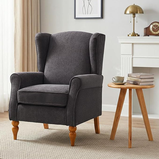 High Back Wingback Accent Chair Modern Upholstered Armchair Comfy Reading Chair with Solid Wood Legs for Living Room Bedroom Library Dark Grey
