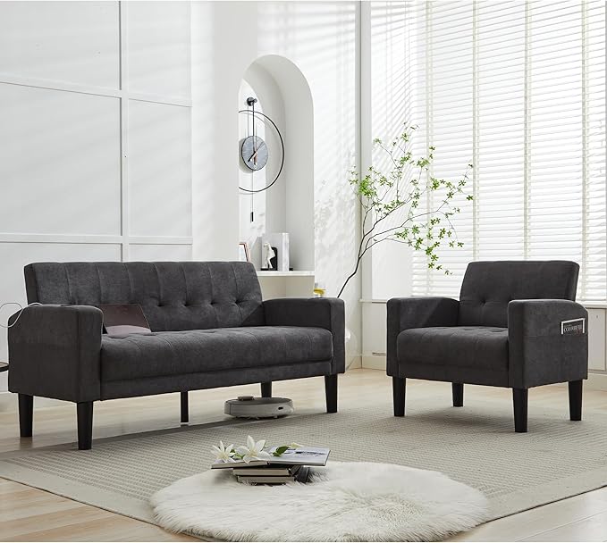 TYBOATLE Sofa Couch Living Room Furniture Sectional Sofa Sets 2 Pcs Tufted Mid-Century Loveseat w/USB Cupholders &amp Comfy Single Sofa for Small Space Apartment Office (Dark Grey)