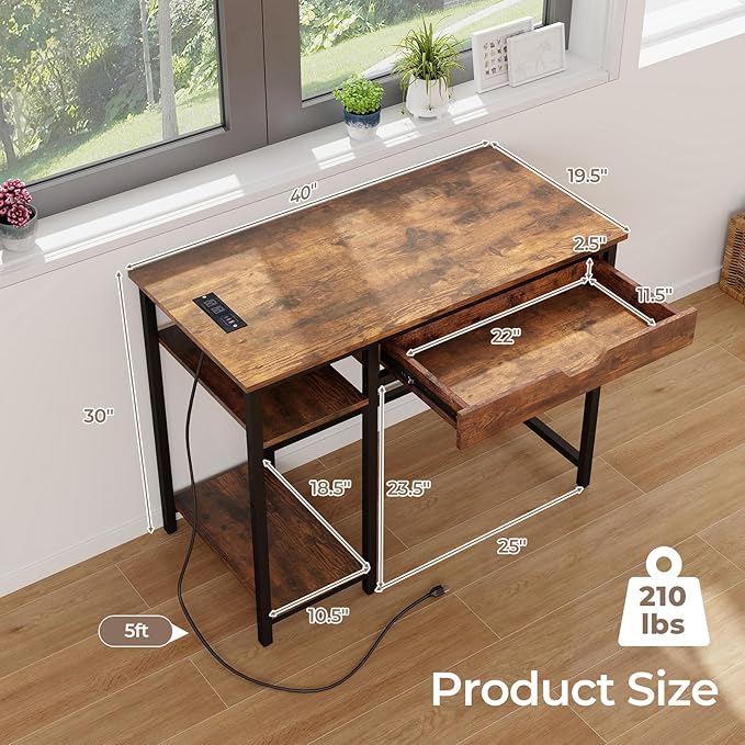 GOFLAME Computer Desk with Drawer Writing Desk with Power Outlets Storage Shelf Monitor Stand Gaming Desk Table Workstation for Home Office Bedroom Rustic Brown