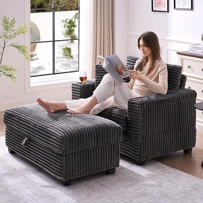 ONBRILL Corduroy Oversized Chair with Ottoman 44 Wide Armchair with Cup Holders &amp USB Port Reading Chair w/Storage Armrest Easy Assembly Comfy Single Sofa Bed for Living Room Apartment Grey