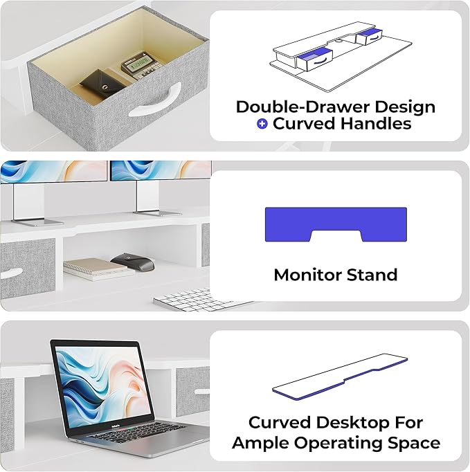 JOISCOPE 55 Inch Electric Standing Adjustable Height Desk with USB &amp Type-C Outlet Home Office Computer Gaming Desk with Display Riser and Double Drawer Sit Stand Desk White