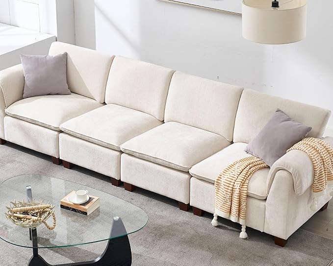 119 Inches Cloud Modular Sectional Sofa 4 Seater Chenille Fabric Couch Modern Convertible Comfortable Sofa Couch for Living Room White
