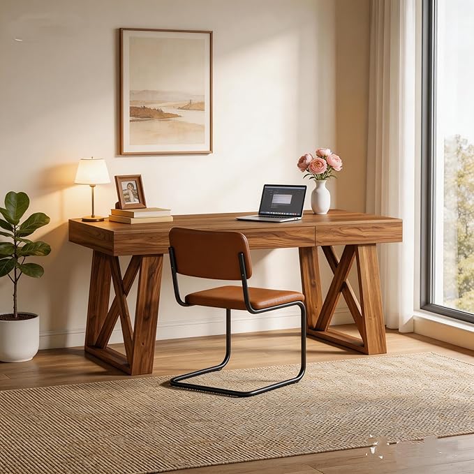 Tribesigns 55 Inch Walnut Computer Desk with Drawer Mid-Century Farmhouse Executive Desk Rustic Wide Desktop Home Office Desk for Workstation