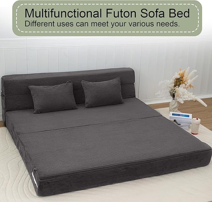 MeMoreCool Boneless Folding Sofa Bed Queen Corduroy Convertible Sleeper Chair Foldable Foam Mattress Chair Comfy Fold‑Out Futon Couch Bed Large Floor Sofa Couch for Living‑Room Guest