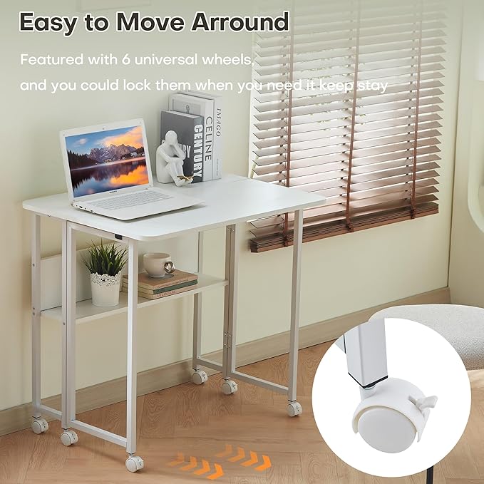 Small Folding Desk Rolling Table Portable Foldable Desk on Wheels Space Saving Computer Table Writing Workstation for Home Office Easy Assembly (White 22.8 D x 31.5 W x 29.53 H)