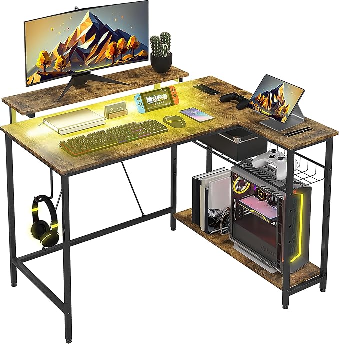 42 L Shaped Desk with LED Lights Power Outlet USB Charging Ports Reversible L Shaped Computer Desk with Storage Shelves Monitor Stand Corner Gaming Desk for Home Office Rustic Brown