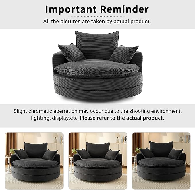 360°Swivel Accent Barrel Chair with Dual Layer Cushion 57.5 Oversized Circle Sofa Chairs with 3 Pillows Modern Round Corduroy Chaise Lounge for Office Bedroom Living Room Black