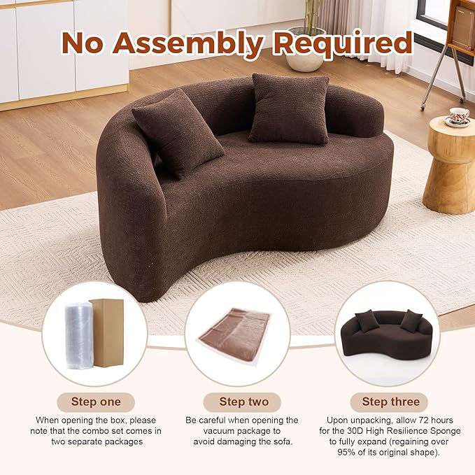 Luxury Modern Chenille Sectional Sofa Tai Chi Curved Compression Couch Boucle Cozy Soft Loveseat for Living Room Apartment Office (Brown)