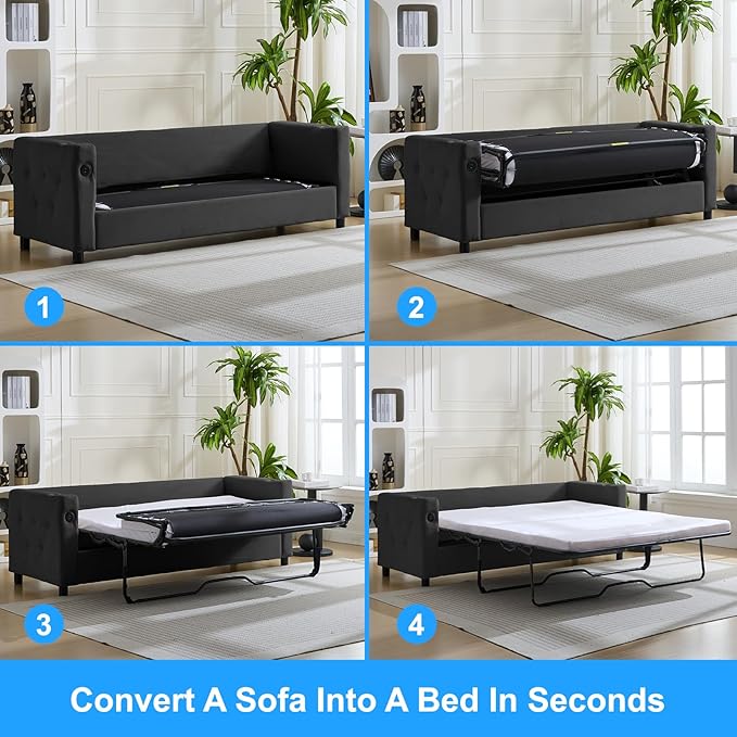 PUREMIND Queen Sleeper Sofa Couch 69 Velvet Pull Out Sofa Bed with Folding Foam Mattress 2-in-1 Sleeper Loveseat with USB &amp Cup Holders Pull Out Bed for Living Room Small Spaces Dark Grey