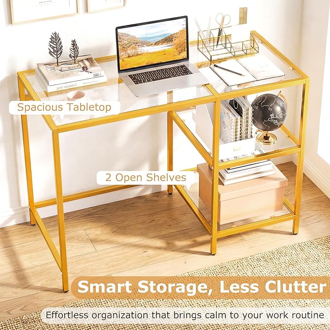 GOFLAME Computer Desk with Shelves 42” Home Office Desk with Metal Frame Tempered Glass Study Writing Table Modern Simple PC Desk for Living Room Bedroom (Golden)