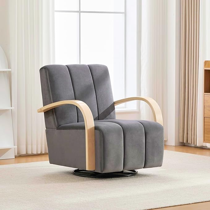 30.3 W Swivel Modern Boucle Upholstered Accent Chair with Solid Wood Armrests Comfy Lounge Reading Chair Side Armchair for Hotel Bedroom Living Room Office Nursery Room (Charcoal+Velvet)