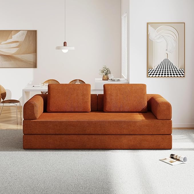 Convertible Sofa Bed 5-in-1 Pull-Out Futon Boneless Couch for Living Room &amp Guest Room Corduroy Sleeper Sofa with Steel Support Brackets 78.7 3-Seater with 2 Pillows (Orange)
