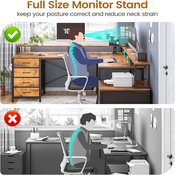 SEDETA L Shaped Desk with 6 Drawer 108 Home Office Desk with File Drawer &amp Power Outlet Corner Computer Desk with Monitor Shelf Two Person Desk Gaming Desk with Led Lights Rustic Brown