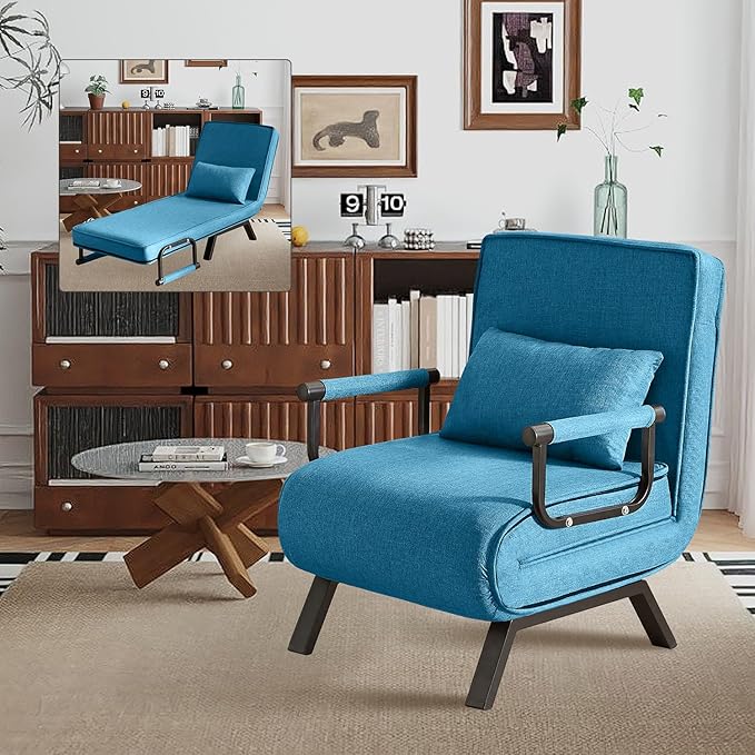 Convertible Sleeper Chair 5 in 1 Folding Sofa Bed with 5-Position Adjustable Backrest &amp Pillow Floor Single Chairs Cozy Futon Chair for Small Spaces Apartment Bedroom Office (Blue)