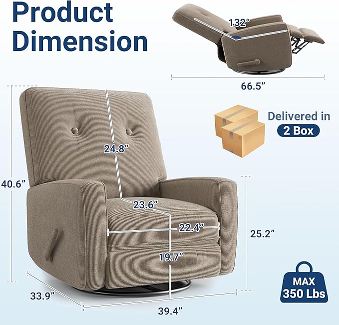 GarveeHome Recliner Chairs Swivel Rocker Recliner Glider Recliner Nursery Chair 360 Swivel Glider Rocking Chair for Living Room Bedroom Office RV Small Spaces Corduroy Brown