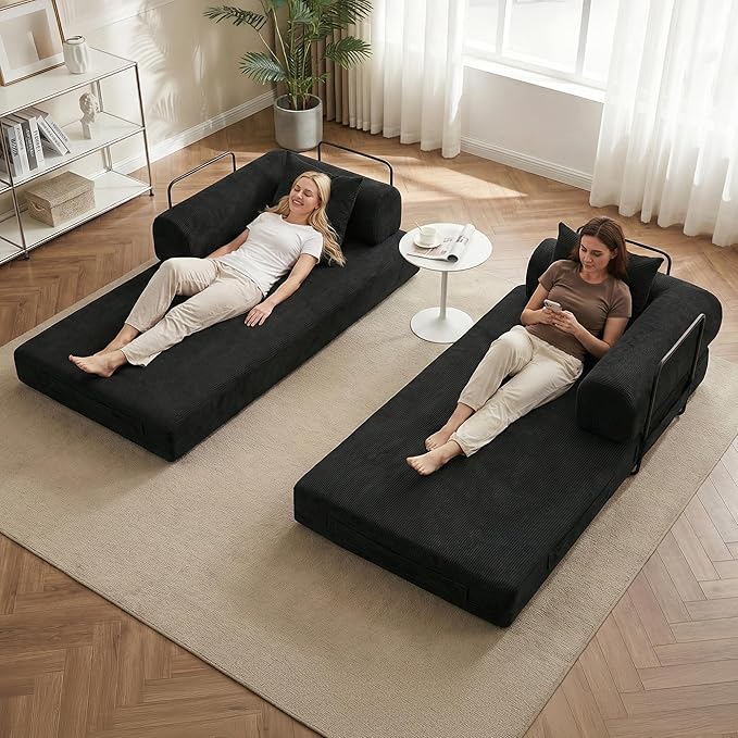 78.5'' Convertible Folding Sofa Bed 5-in-1 Modular Floor Couch Corduroy Small Cloud Couch Compressed Foldable Sleeper Sofa King Size Futon for Bedroom Guest Room (Black)