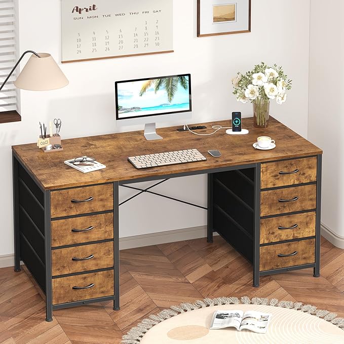 50 Inch Computer Desk with 8 Drawers Home Office Desk with Power Outlets Work Study Gaming Desk with 8 Fabric Drawers Rustic Brown