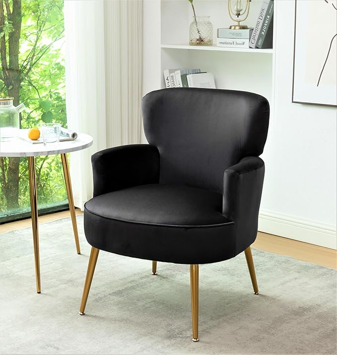 Trendy Velvet Accent Chair with Gold Metal Legs Upholstered Armchair for Small to Mid-Size Spaces Modern Living Room Bedroom Vanity Desk and Entryway Black