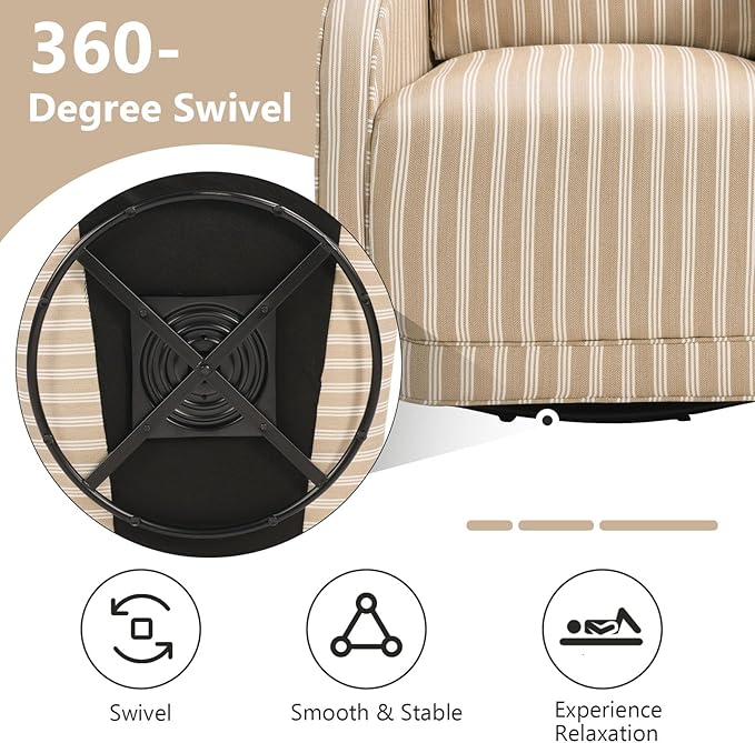 CANMOV Swivel Accent Chair Square Chair Suitable for Use in Living Room Bedroom Small Spaces and can Swivel Smoothly. Swivel Barrel Reading Chair with Thick Padded Backrest Cushion Brown Stripe