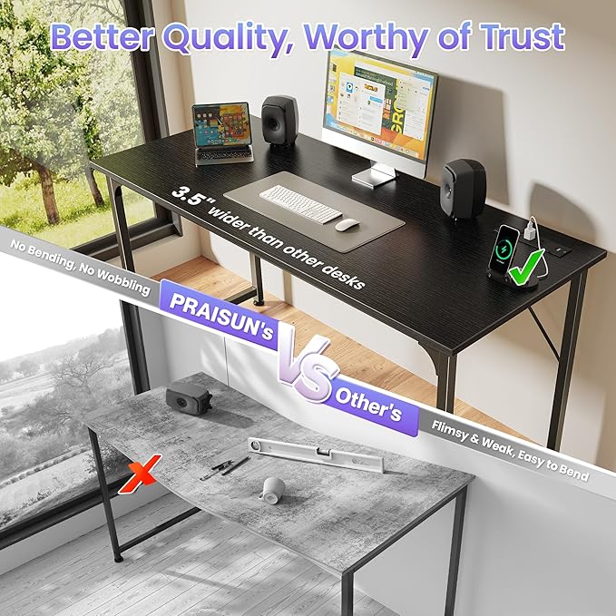 PRAISUN 55 X 20 Inch Office Computer Desk with Power Outlets and USB-C Port Larger and Longer Gaming Desk for Home Office Study Bedroom Writing Work from Home Table Metal Frame Black