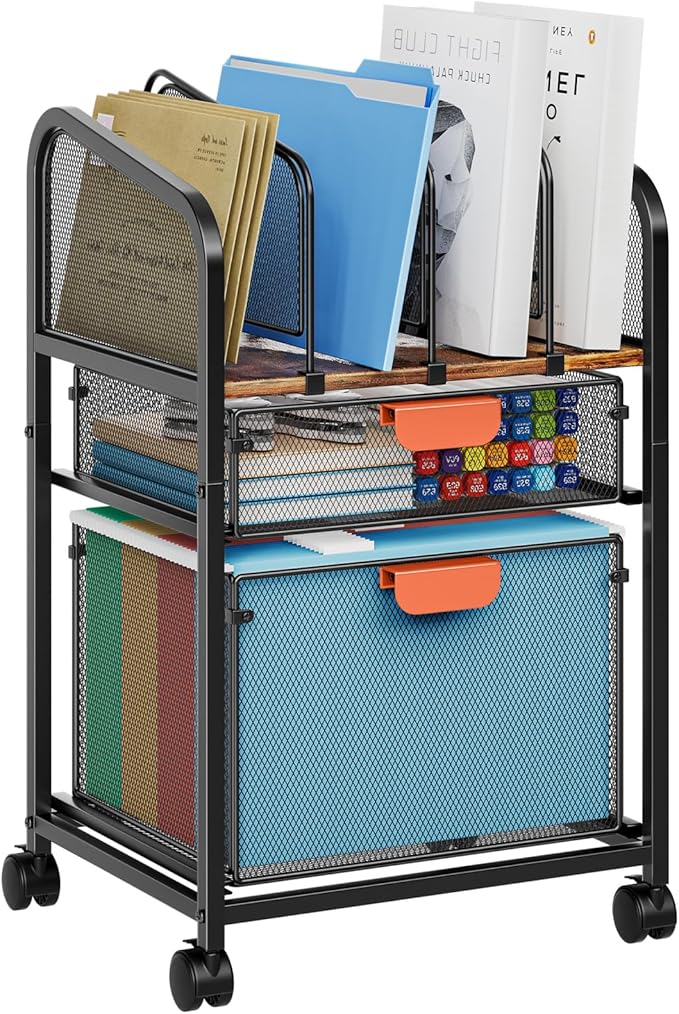 Marbrasse Rolling File Cart with Adjustable Dividers Mobile File Cabinet on Lockable Wheels Office Filing Cabinet Organizer Hanging File Folder Organizer for Home Office - Dark Brown