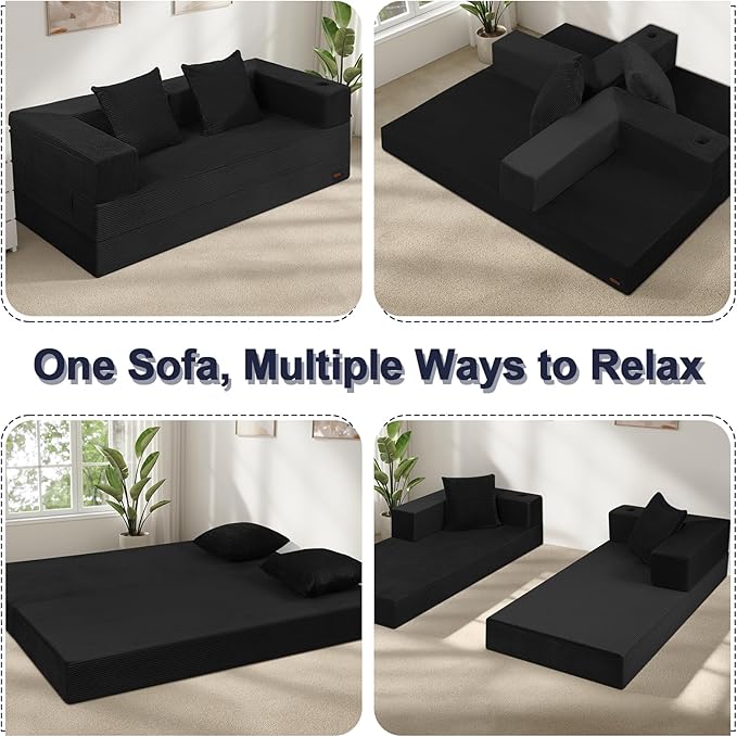 COMAX Boneless Couch Futon Sofa Bed Couches Versatile Queen for Living Room 79 4 in 1 Convertible Sleeper Corduroy Couch Foam in a Box Foldable Fold Out Floor Mattress No Assembly Required Black