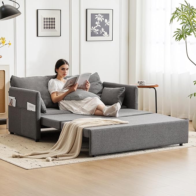 Furnimart 62 Queen Sleeper Sofa 3 in 1 Convertible Loveseat Sleeper Pull Out Sofa Bed with 6-Position Adjustable Backrest Modern Futon Couch for Living Room Apartment RV Linen Dark Grey
