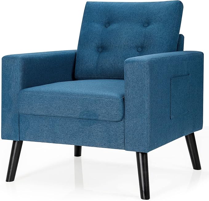 Giantex Modern Accent Chair Mid-Century Upholstered Armchair Club Chair with Rubber Wood Legs Patented Linen Fabric Single Sofa for Living Room Bedroom Office Navy