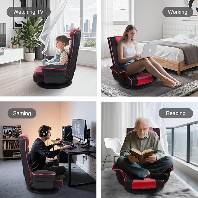 Swivel Floor Chairs for Adults Floor Gaming Chair with Extra Wide Arms Back Support 14 Angles Adjustable Comfortable Double Mesh Fabric Lazy Sofa for Video Game Chairs 201 (Black+red)