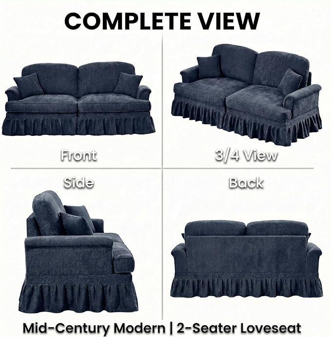 Casaphoria Mid-Century Modern Oversized Loveseat Sofa 2-Seater Chenille Couch with Removable Ruffle Skirt Flared Arms Spindle Legs &amp Throw Pillow for Living Room Apartment