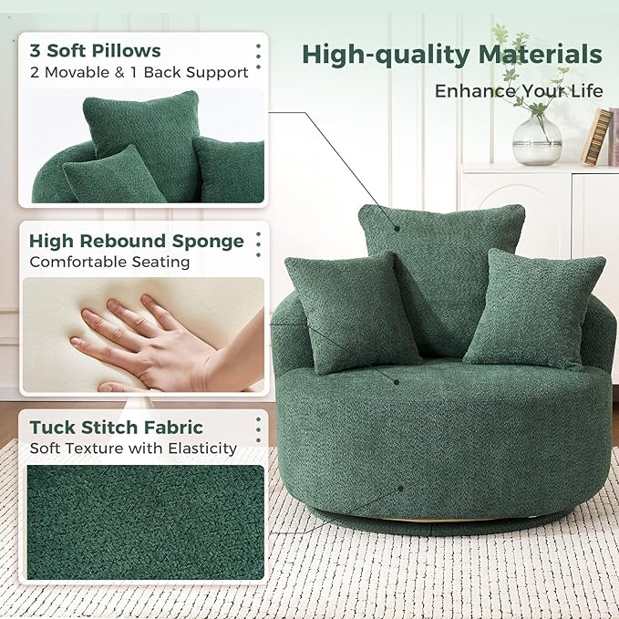 360°Swivel Accent Barrel Chair - 38.6W Boneless Oversized Upholstered with 3 Removable Pillows High-Resilience Sponge &amp Tuck Stitch Fabric Comfy Round Sofa Chair for Living Room Bedroom Apartm
