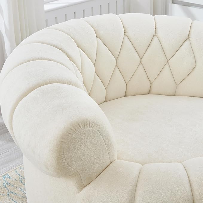 360° Swivel Accent Chair Chenille Fabric Barrel Swivel Chair Round Club Chair with Curved Armrests &amp Thick Cushioning Stylish Channel-Tufted &amp Diamond-Quilted Backrest for Living Room (Beige