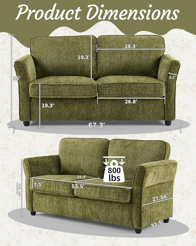 Karl home 67 Loveseat Sofa Chenille Fabric with Removable Covers Outward Arms Spring Cushion &amp Solid Wood Frame Deep Seat Couch for Small Apartment Living Room Reading Nook Bedroom Green