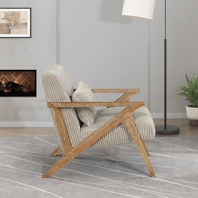 Lexicon Mid Century Modern Accent-Chair with Lumbar Pillow Brown Solid Wood Frame Comfy Corduroy Upholstered Lounge Arm Chair for Living Room/Bedroom/Office/Reading Nook Assembly Required Taupe