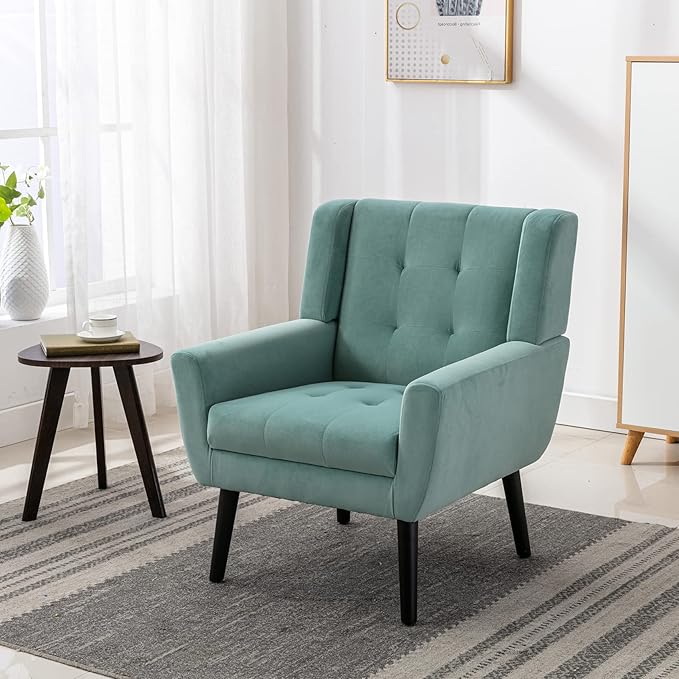 Dolonm Midcentury Modern Velvet Accent Chair with Arms Upholstered Reading Side Chair Tufted Back Decorative Wingback Chair for Living Room Bedroom (Mint Green)